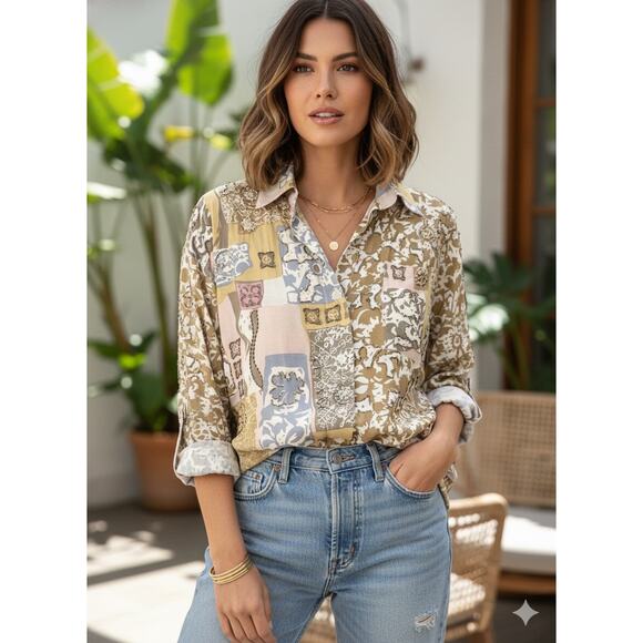 Cache Tops - Vintage 90s Cache Beaded Patchwork Boho Lagenlook Button Shirt Top Women’s L/XL‎